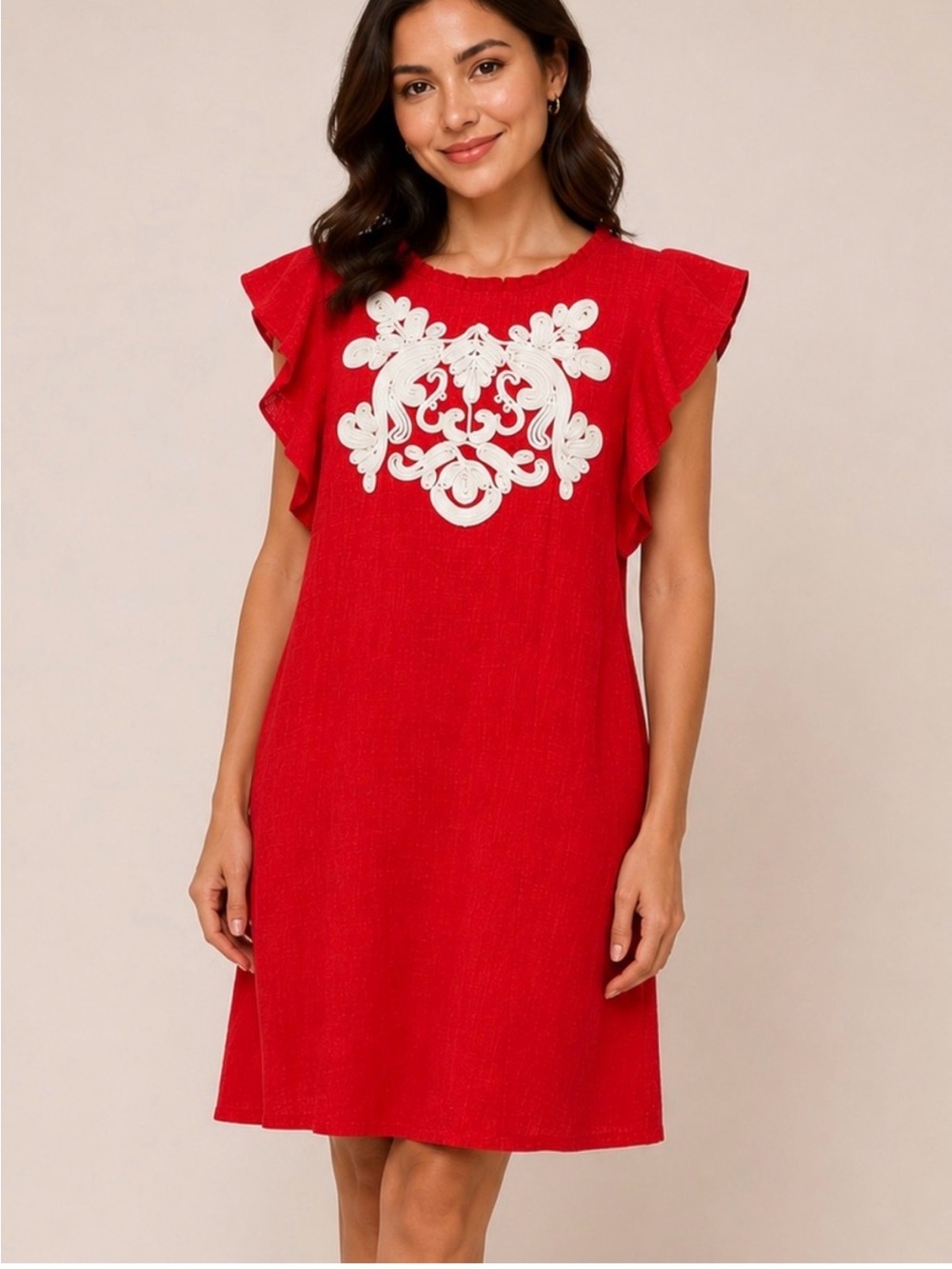 NWT THML Red Embroidered Ruffle Dress Boho Casual Feminine 100% Cotton Size M